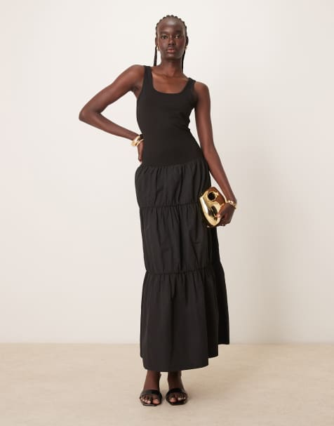ASOS DESIGN - Vestito lungo a balze con gonna in popeline nero - view 1