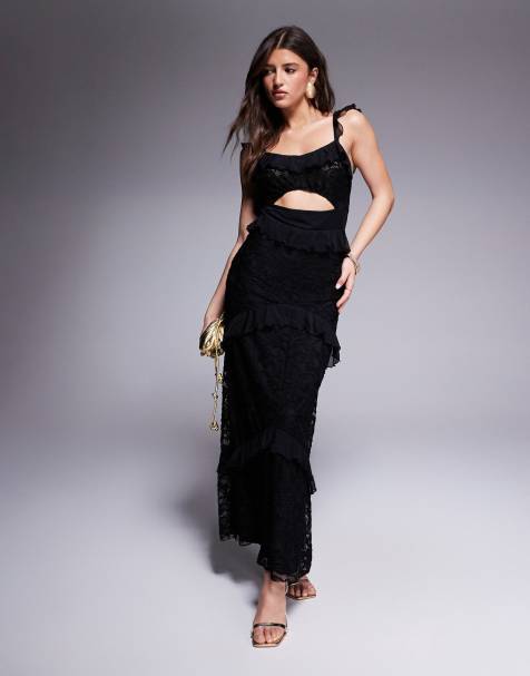 ASOS DESIGN - Vestito lungo a balze con volant nero in pizzo e tessuto a rete - view 1