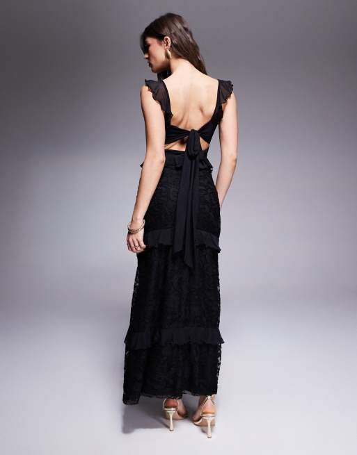 ASOS DESIGN Vestito lungo a balze con volant nero in pizzo e