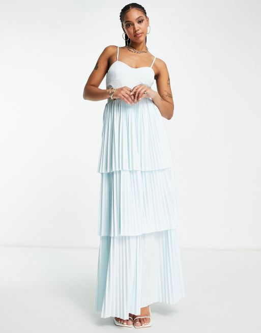 ASOS DESIGN - Vestito lungo a balze e pieghe con dettagli in pizzo e spalline sottili verde menta a pieghe, 4 di 4