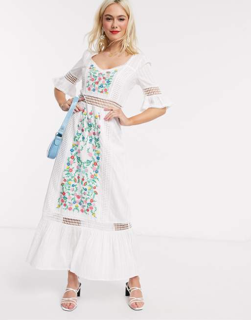 ASOS DESIGN - Vestito lungo a balze ricamato bianco con inserti in pizzo