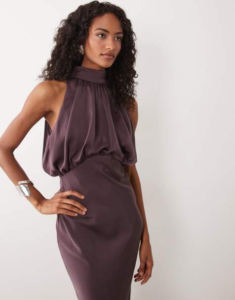 ASOS DESIGN - Vestito lungo a campana in raso marrone cioccolato allacciato al collo - view 1