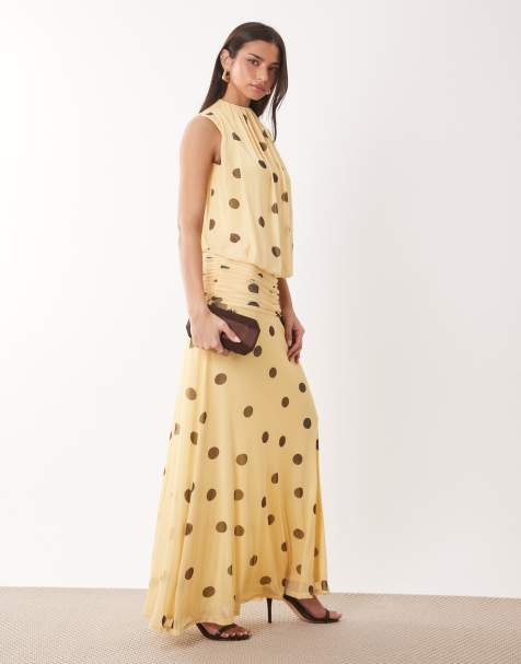 ASOS DESIGN - Vestito lungo a campana in rete con gonna arricciata a vita scesa e stampa a pois giallo limone - view 1