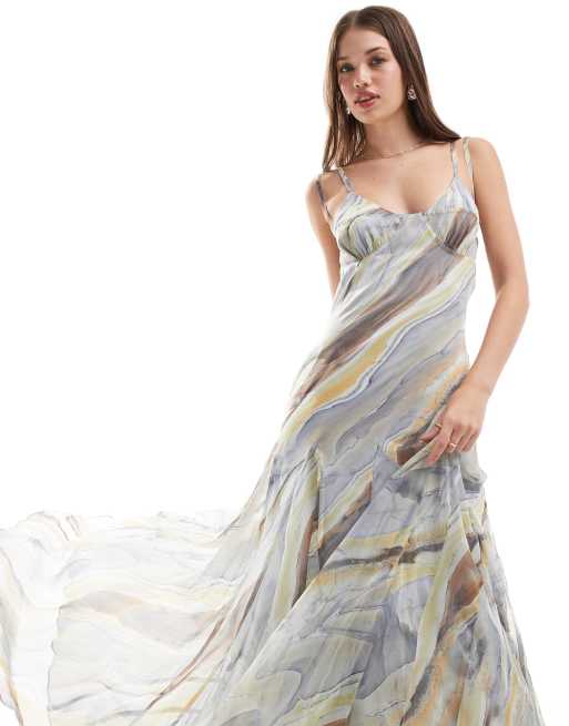 ASOS DESIGN - Vestito lungo a canottiera con brassière visibile e gonna godet marmorizzato astratto, 3 di 4