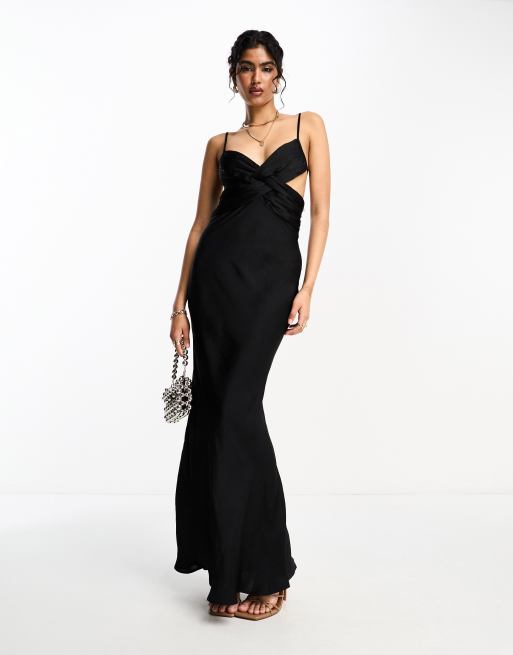 ASOS DESIGN - Vestito lungo a canottiera in raso nero slavato con dettaglio incrociato a pieghe