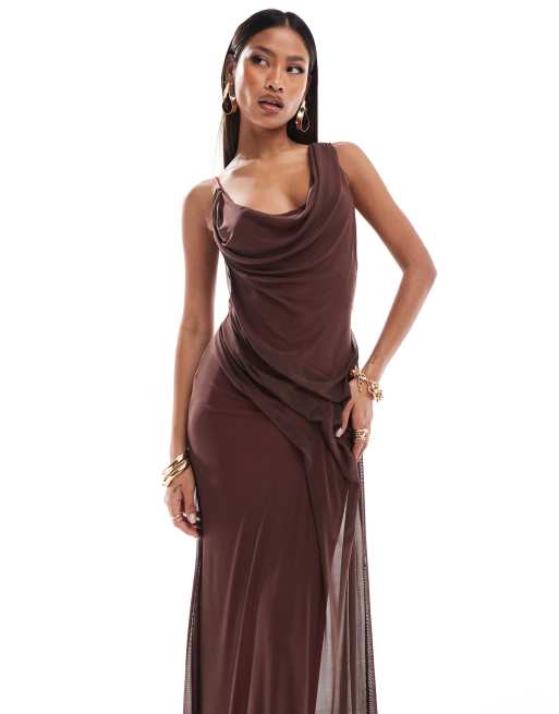 ASOS DESIGN - Vestito lungo a canottiera in rete marrone con fodera a contrasto, 3 di 4
