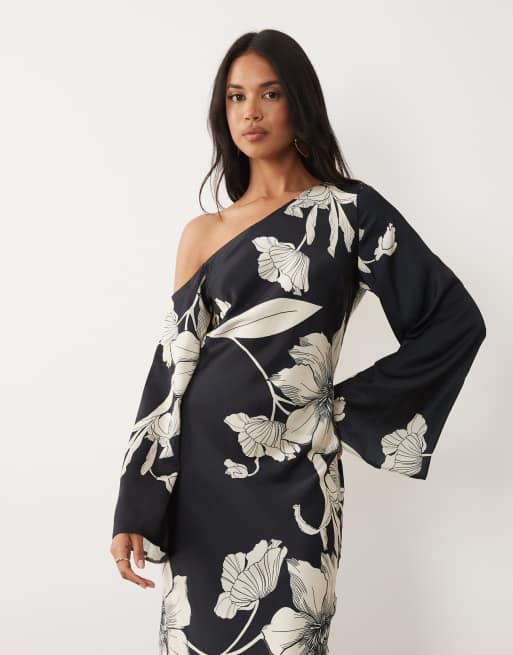 ASOS DESIGN - Vestito lungo a colonna a maniche lunghe con spalle scivolate e stampa a fiori monocromatica, 2 di 4