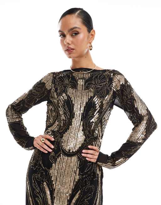 ASOS DESIGN - Vestito lungo a colonna a maniche lunghe nero e oro decorato trasparente con schiena scoperta, 4 di 4