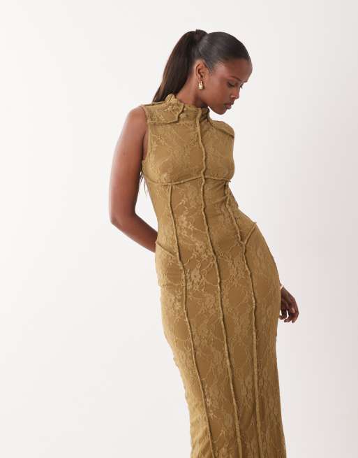 ASOS DESIGN - Vestito lungo a colonna color bronzo con pannelli in pizzo, 2 di 4