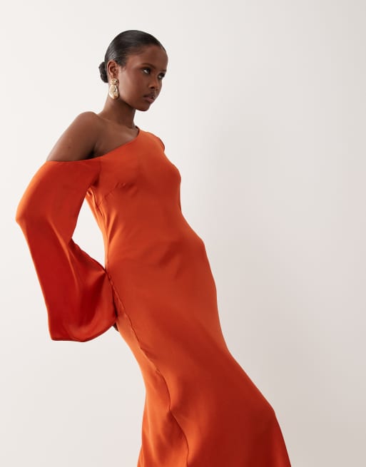 ASOS DESIGN - Vestito lungo a colonna color ruggine con spalle scivolate e maniche lunghe, 2 di 4
