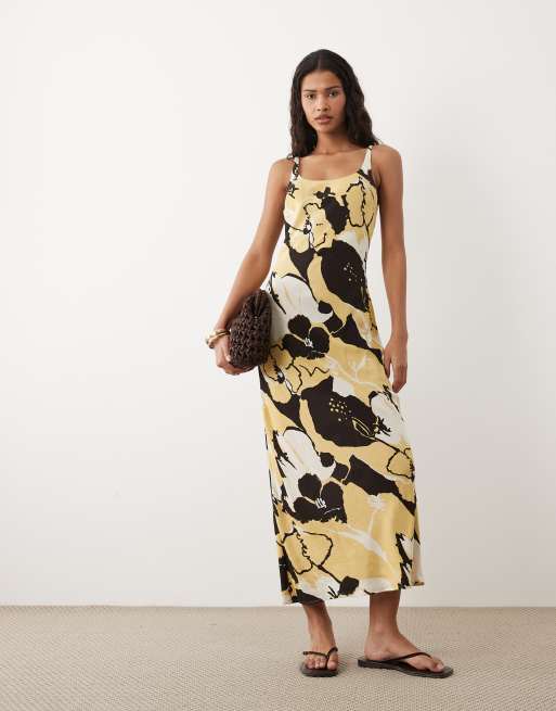ASOS DESIGN - Vestito lungo a colonna con scollo rotondo nero e lime con stampa astratta, 2 di 4