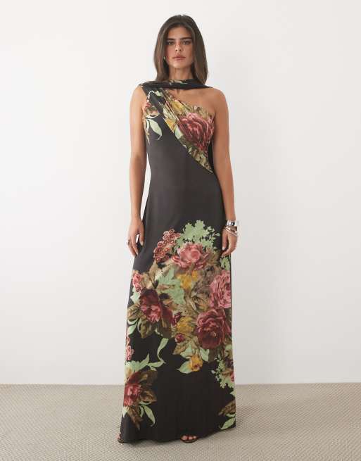 ASOS DESIGN vestito lungo a colonna con stampa floreale, effetto fluido e dettaglio frange a sciarpa nero, 1 di 4