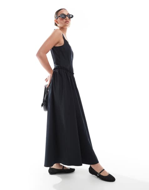 ASOS DESIGN - Vestito lungo a corsetto in popeline nero con vita scesa - view 1