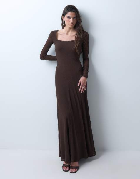 ASOS DESIGN vestito lungo a coste con maniche lunghe, scollo rotondo e vita a V scesa, color cioccolato - view 1