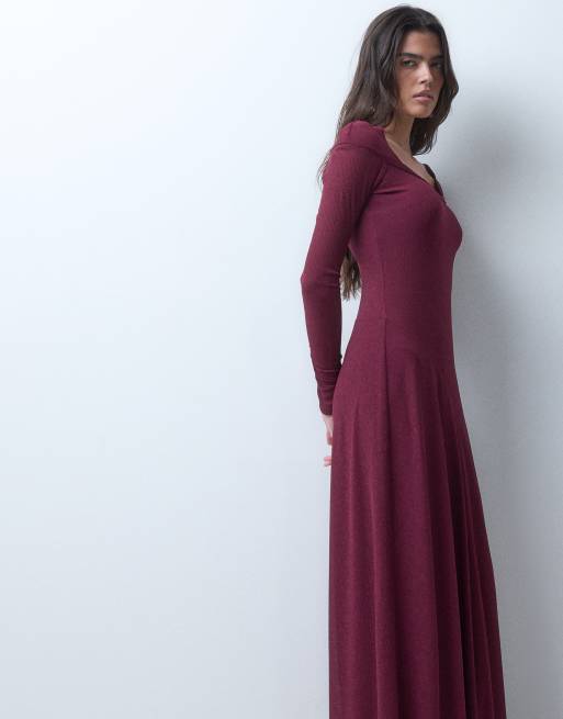 ASOS DESIGN vestito lungo a costine con maniche lunghe, scollo rotondo e vita a V scesa, color prugna, 4 di 5