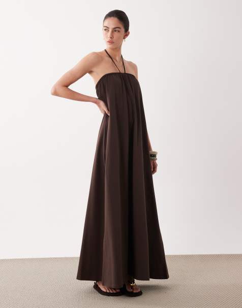 ASOS DESIGN - Vestito lungo a fascia color cioccolato con laccetti - view 1