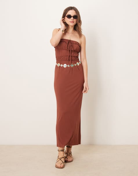 ASOS DESIGN - Vestito lungo a fascia color ruggine con vita a balze e volant - view 1