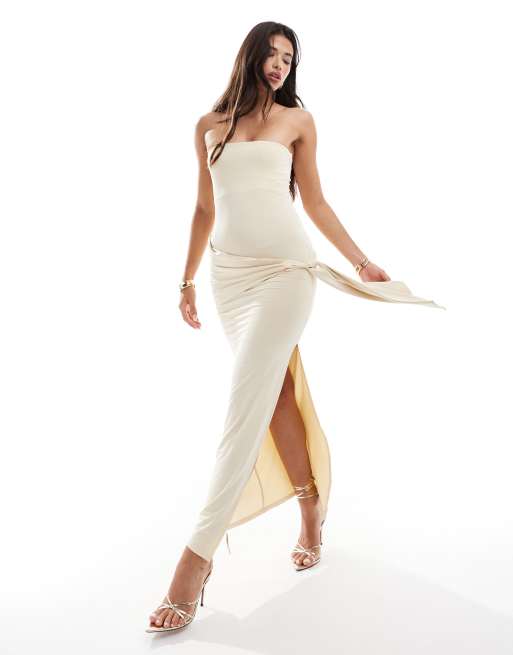 ASOS DESIGN - Vestito lungo a fascia écru con dettaglio annodato laterale