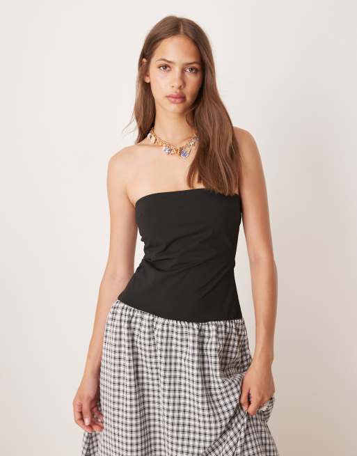 ASOS DESIGN - Vestito lungo a fascia ibrido con stampa a quadretti monocromatica, 2 di 4