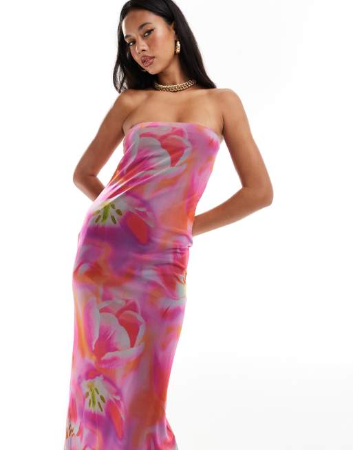 ASOS DESIGN - Vestito lungo a fascia in rete rosa a fiori