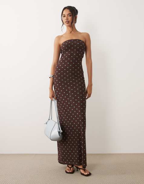 ASOS DESIGN - Vestito lungo a fascia in rete trasparente marrone a pois - view 1
