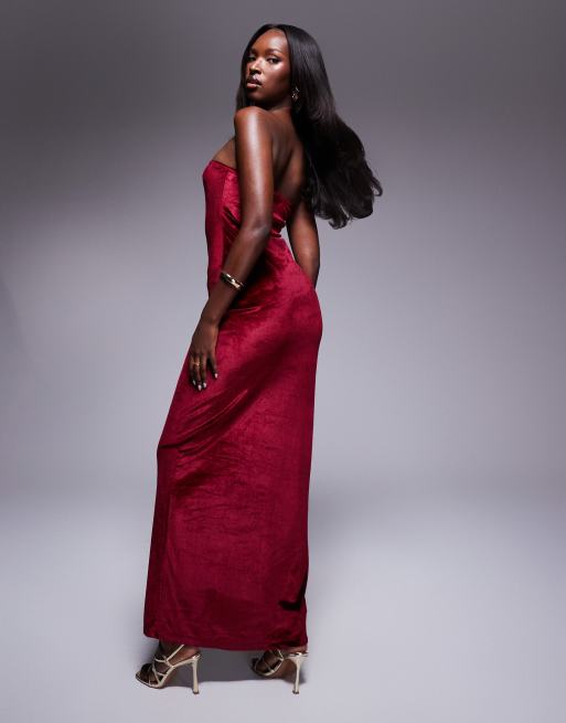 ASOS DESIGN Vestito lungo a fascia in velluto color bordeaux