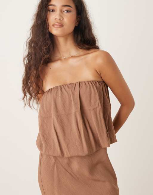 ASOS DESIGN - Vestito lungo a fascia marrone con bustino voluminoso, 2 di 4