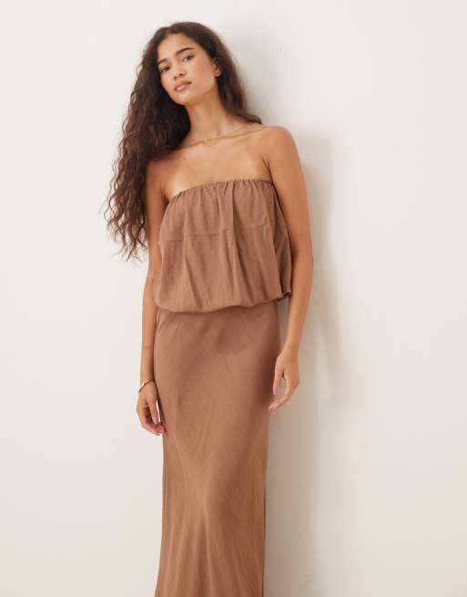 ASOS DESIGN - Vestito lungo a fascia marrone con bustino voluminoso, 4 di 4
