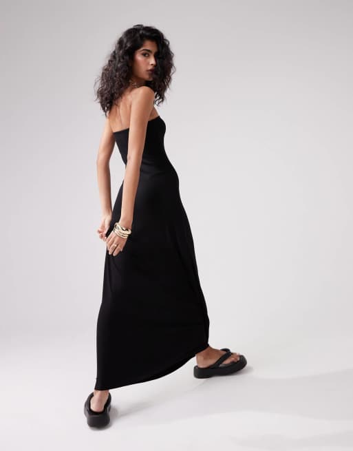 ASOS DESIGN - Vestito lungo a fascia nero con fondo a ruota, 2 di 4