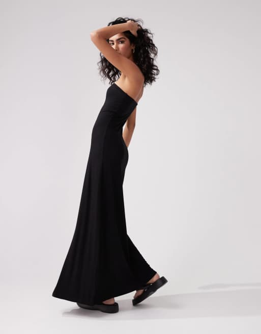 ASOS DESIGN - Vestito lungo a fascia nero con fondo a ruota, 3 di 4