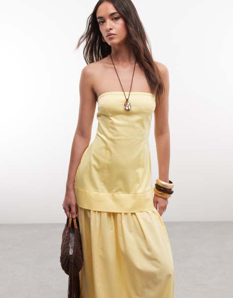 ASOS DESIGN - Vestito lungo a fascia strutturato in cotone giallo burro con gonna in popeline e vita scesa - view 1