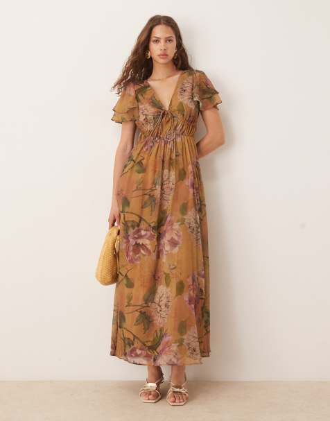 ASOS DESIGN - Vestito lungo a fiori con scollo a V, maniche a pipistrello e cut-out - view 1