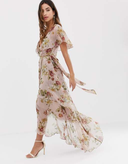 ASOS DESIGN Vestito lungo a fiori delicati con mantella e taglio