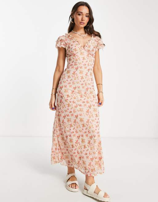 ASOS DESIGN - Vestito lungo a maniche corte con volant color pesca a fiori 