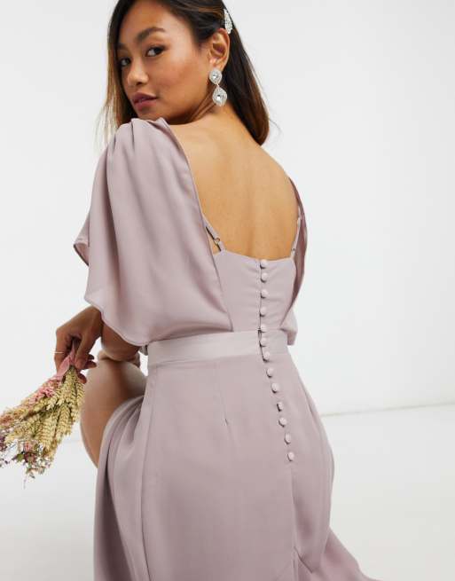 ASOS DESIGN - Vestito lungo a maniche corte da damigella con scollo ad anello e bottoni sul retro, 3 di 4