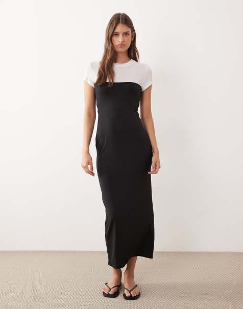 ASOS DESIGN - Vestito lungo a maniche corte nero e latticello a contrasto - view 1