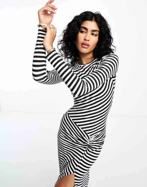 ASOS DESIGN - Vestito lungo a maniche lunghe a righe monocromatiche con dettaglio incrociato