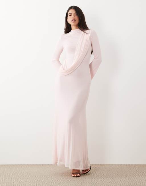 ASOS DESIGN - Vestito lungo a maniche lunghe accollato in rete rosa drappeggiato, 2 di 4
