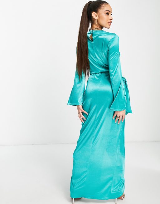 ASOS DESIGN - Vestito lungo a maniche lunghe allacciato in vita con nodo verde-azzurro, 2 di 4