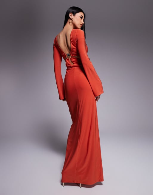 ASOS DESIGN - Vestito lungo a maniche lunghe arancione con dettaglio sulla schiena