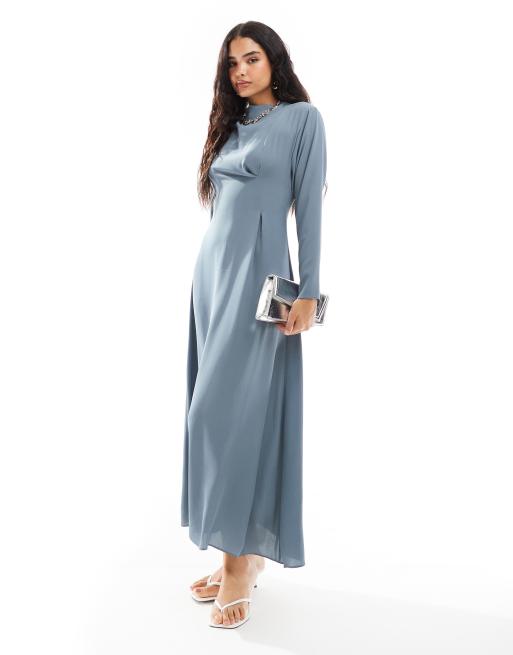 ASOS DESIGN - Vestito lungo a maniche lunghe blu denim con pieghe in vita e dettaglio ad anello
