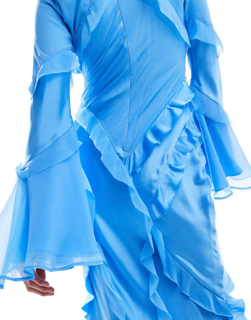 ASOS DESIGN - Vestito lungo a maniche lunghe blu in misto raso e chiffon con volant, 3 di 4