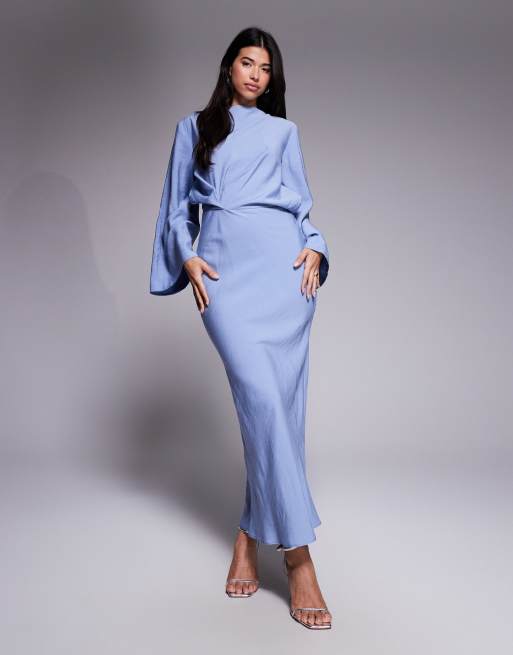 ASOS DESIGN - Vestito lungo a maniche lunghe blu raccolto in vita con taglio sbieco