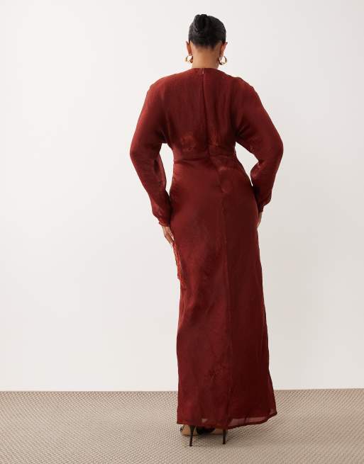 ASOS DESIGN - Vestito lungo a maniche lunghe bordeaux in raso stropicciato ricamato, 4 di 4