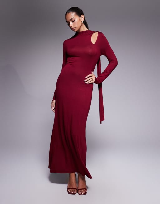 ASOS DESIGN - Vestito lungo a maniche lunghe color bordeaux con foulard