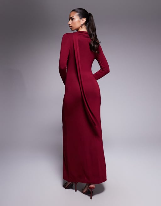 ASOS DESIGN - Vestito lungo a maniche lunghe color bordeaux con foulard, 2 di 4