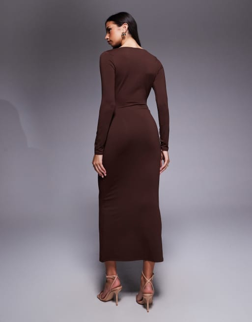 ASOS DESIGN - Vestito lungo a maniche lunghe color cioccolato con arricciature e cuciture laterali, 4 di 4