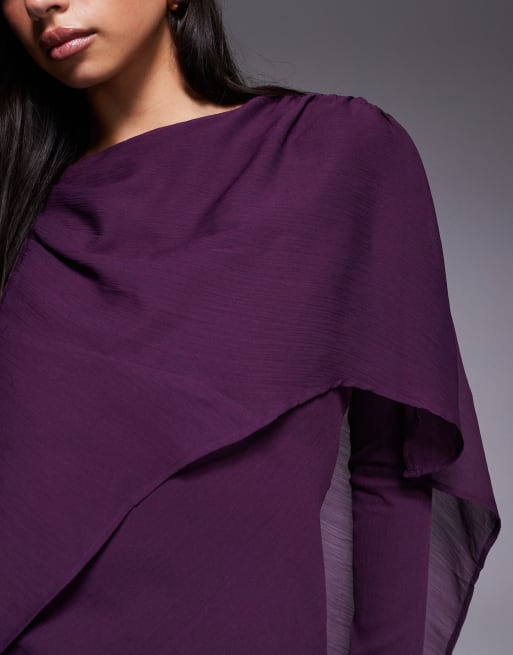 ASOS DESIGN - Vestito lungo a maniche lunghe color prugna con strato sovrapposto a mantella asimmetrico, 2 di 4