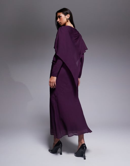 ASOS DESIGN - Vestito lungo a maniche lunghe color prugna con strato sovrapposto a mantella asimmetrico, 3 di 4