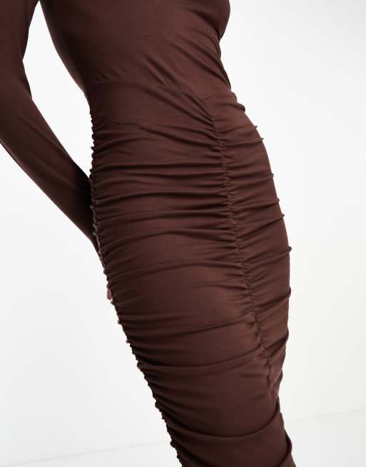ASOS DESIGN - Vestito lungo a maniche lunghe con gonna arricciata color cioccolato , 3 di 4